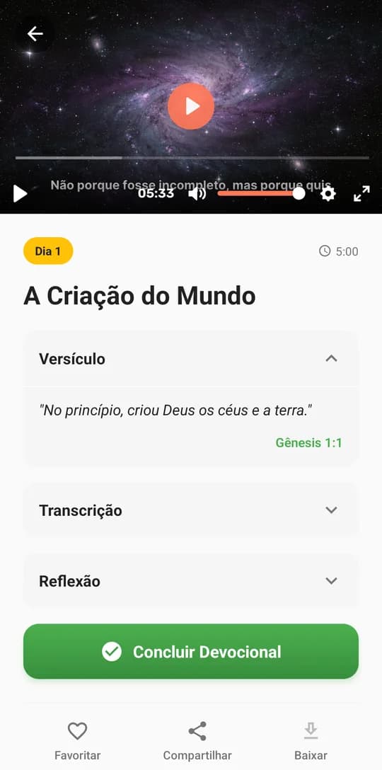 Tela do devocional A Criação do Mundo, com vídeo, versículo, transcrição e reflexão
